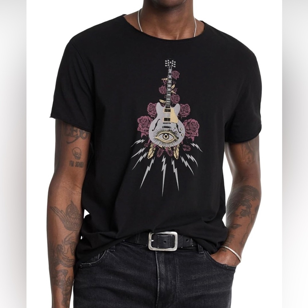 John Varvatos Black Graphic Short Sleeve Tee with Purple and Gold Guitar Motif